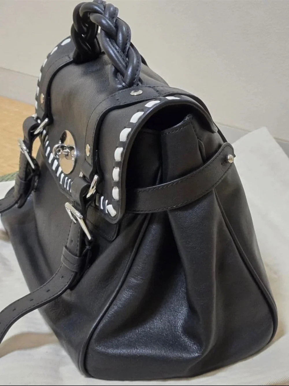 Mulberry Black Leather Satchel with White Trim